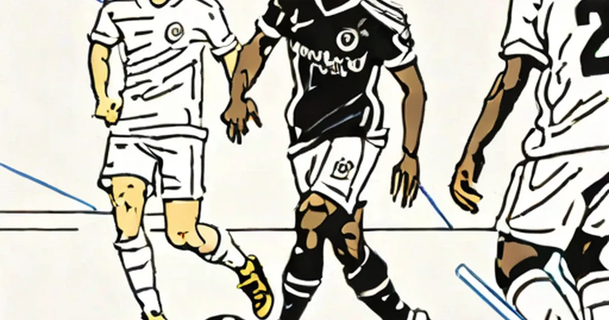 Essien illustrated in black jersey with opposing players in white