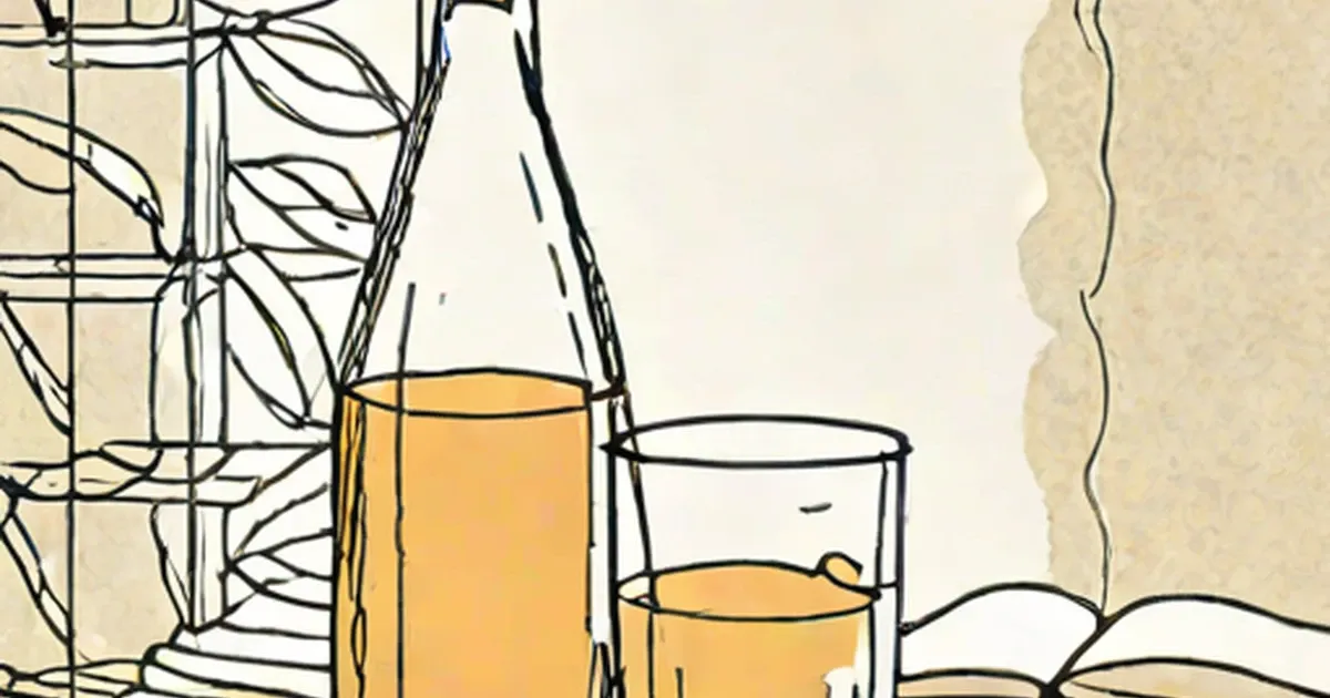 Bottle and glass of amber liquid with line-drawn plants