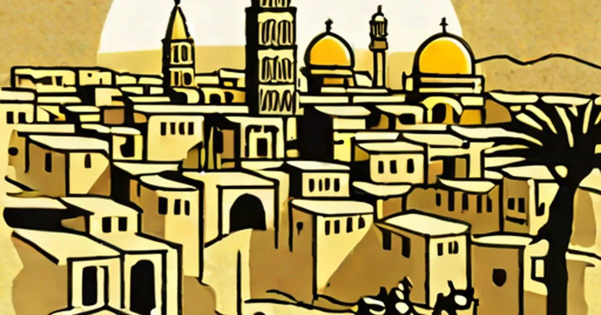 Stylized cityscape with Islamic domed mosques and minarets