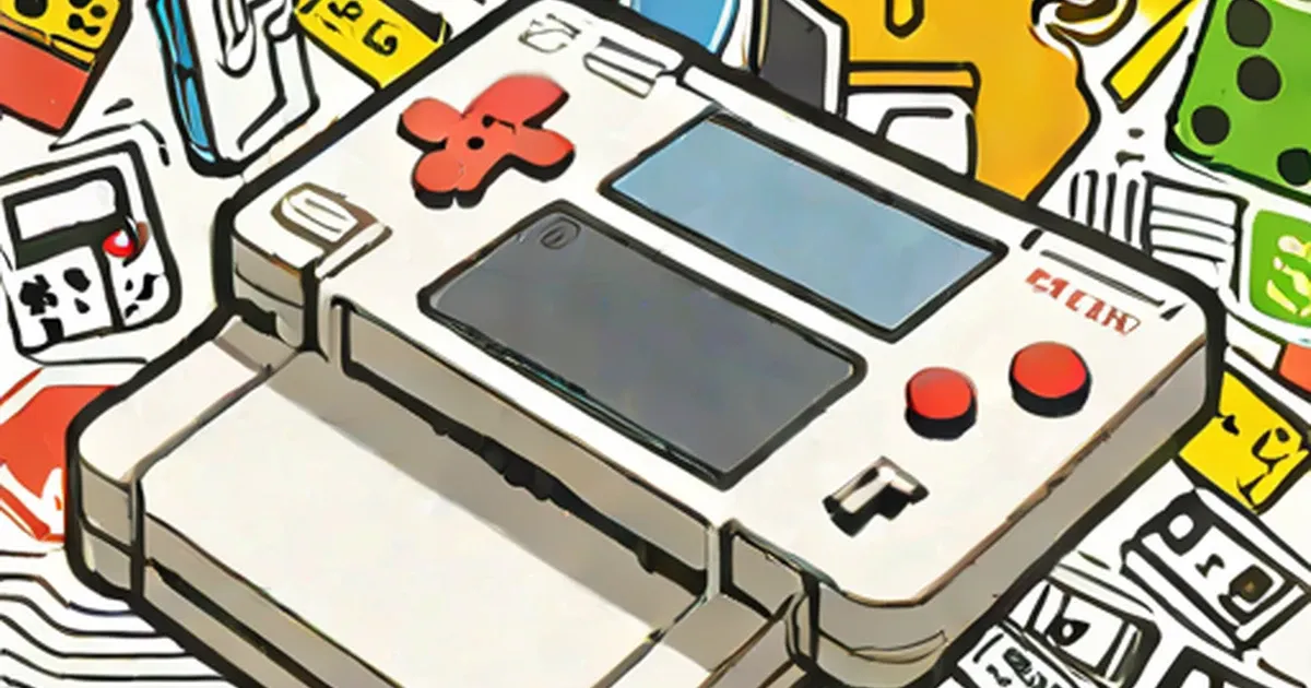 Cartoon illustration of Nintendo Game Boy handheld console with retro gaming devices