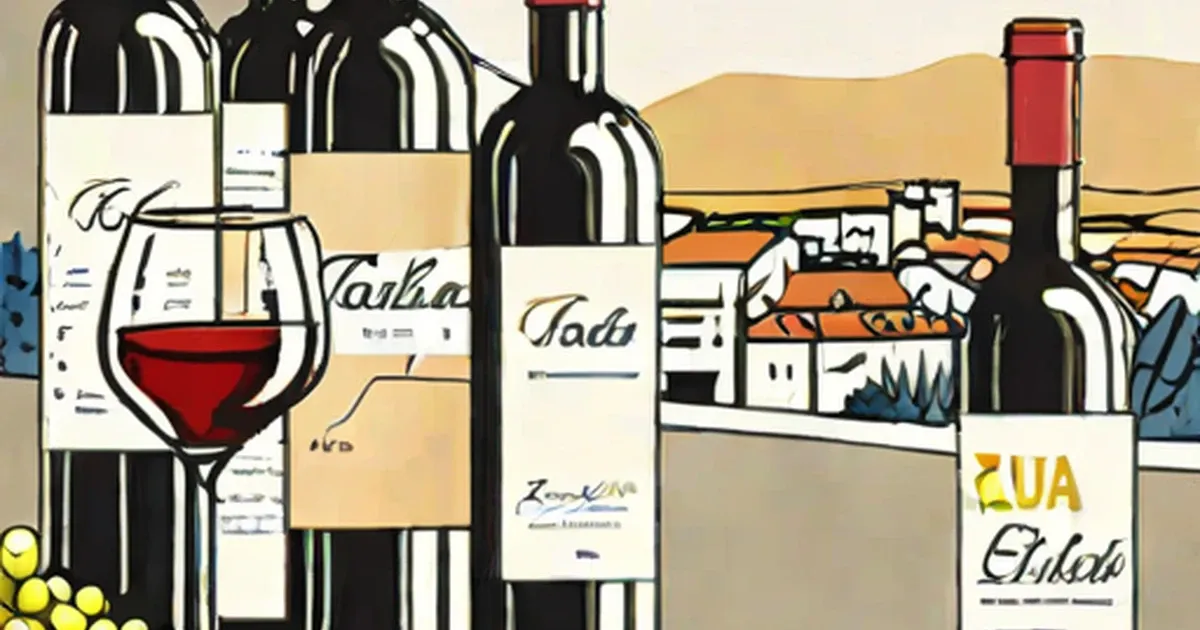 Wine bottles and a glass of red wine with vineyard landscape