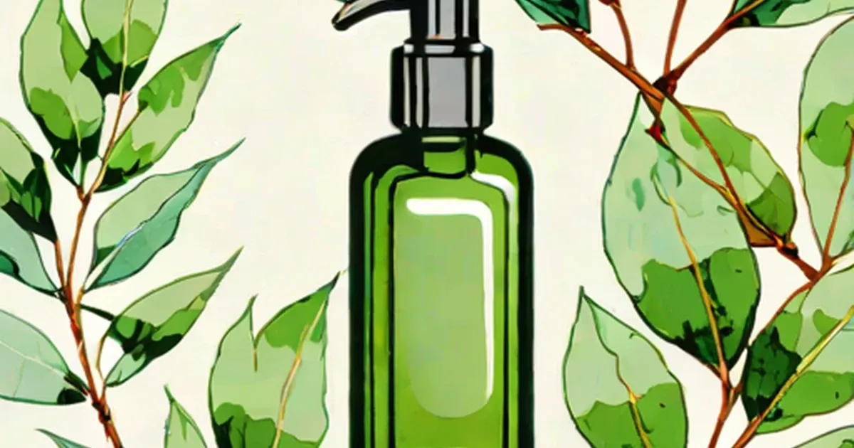 Dark green bottle of eucalyptus oil surrounded by eucalyptus leaves