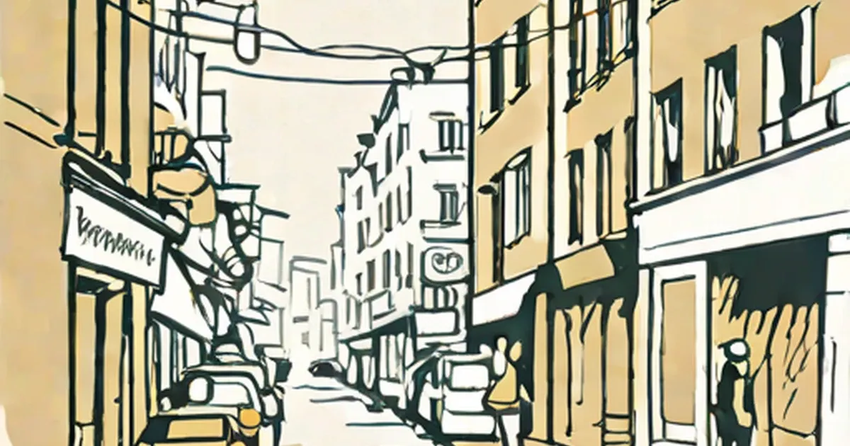 Stylized illustration of a narrow European street with tall buildings