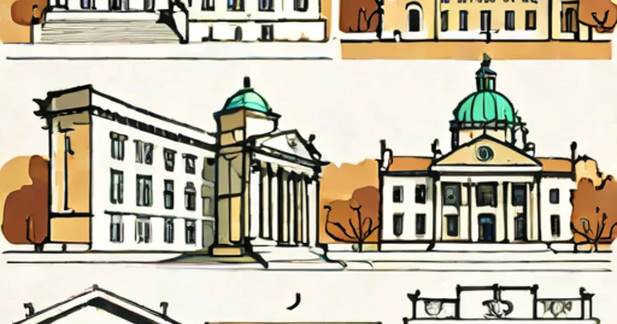 Illustrated European university buildings with classical columns and green domes