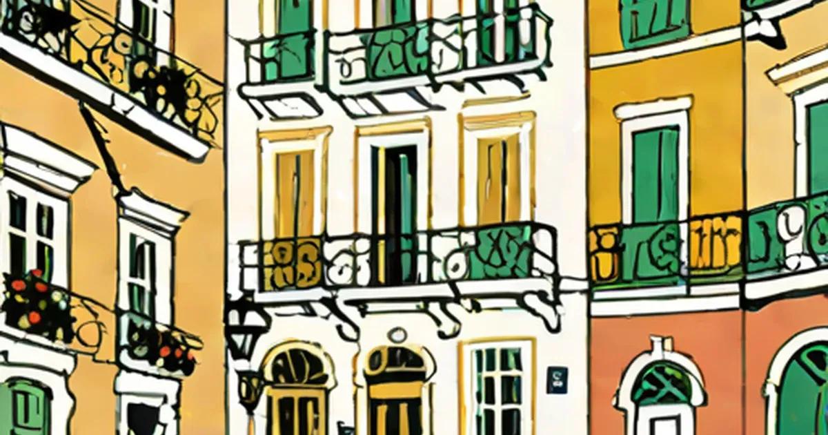 Yellow and coral facades with green shutters and ornate wrought iron balconies