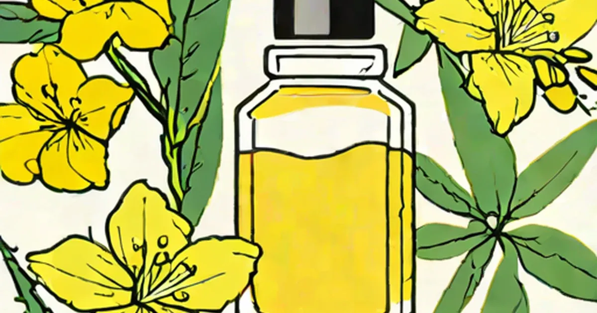 Yellow oil in a bottle surrounded by evening primrose flowers