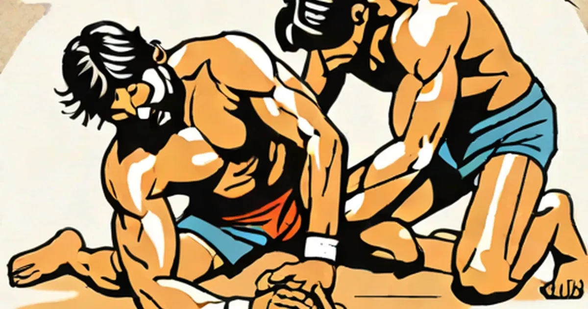 Two men wrestling with legs intertwined