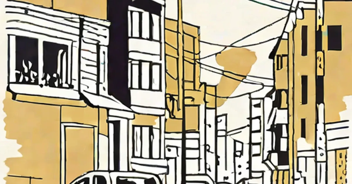 Line-drawn city street with tall buildings and overhead power lines