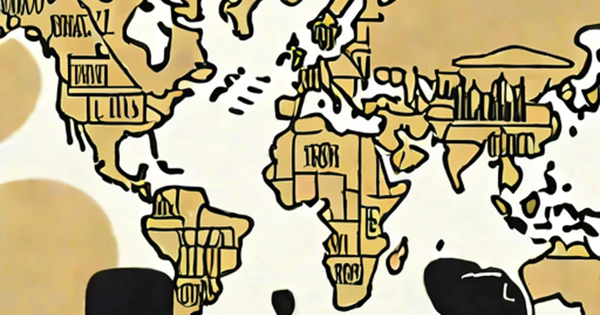 Illustrated world map with architectural landmarks on different continents