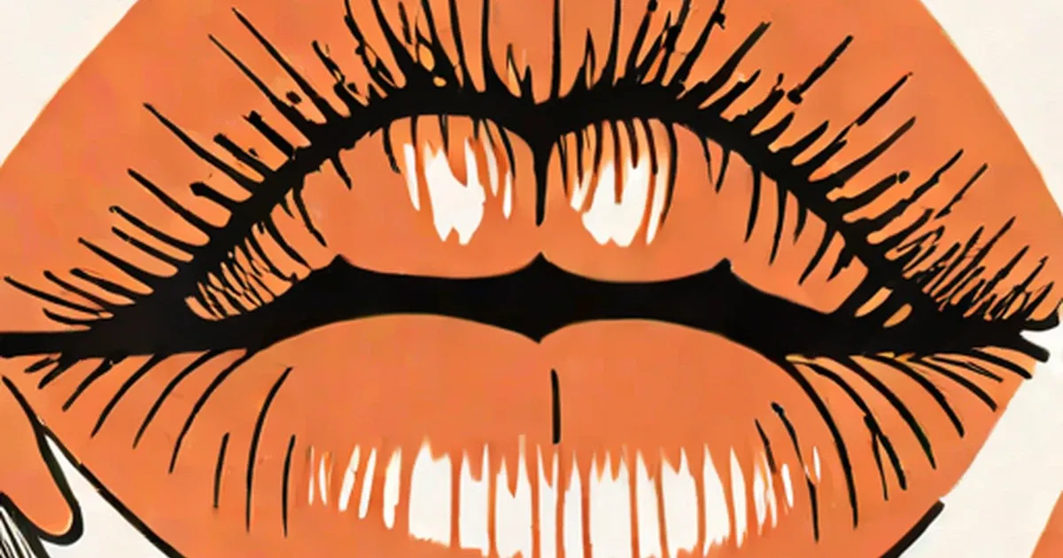 Coral-orange lips with white highlights and black eyelash details
