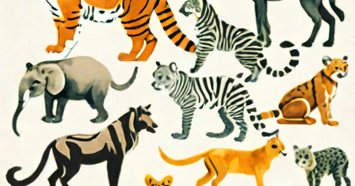 Watercolor illustration of wild animals including zebras, tigers, elephant, and leopard