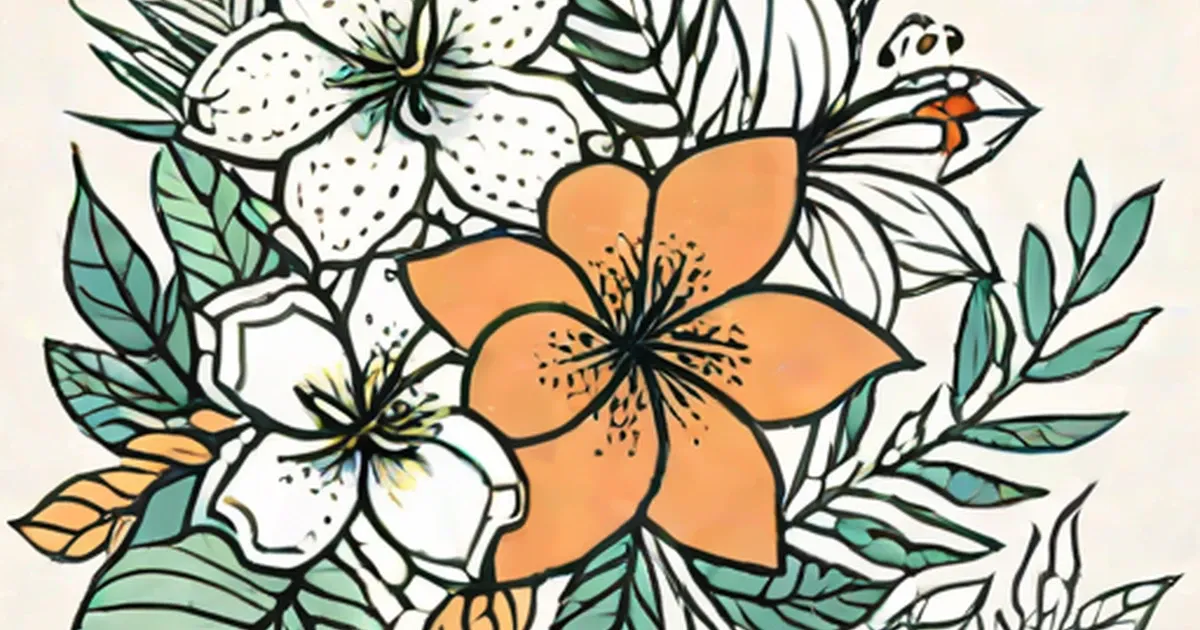 Line art flowers in orange, white, and green with botanical foliage