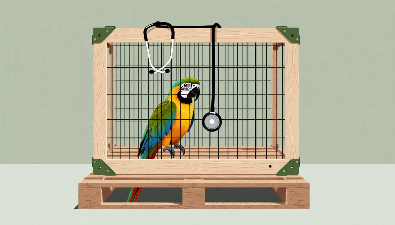 An exotic parrot inside a shipping crate with a stethoscope draped over it, symbolizing imported animals and health screening