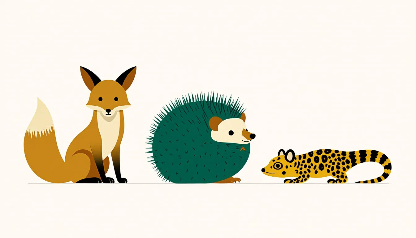 A fennec fox, hedgehog, and leopard gecko sitting together in a row as easy-care exotic pets
