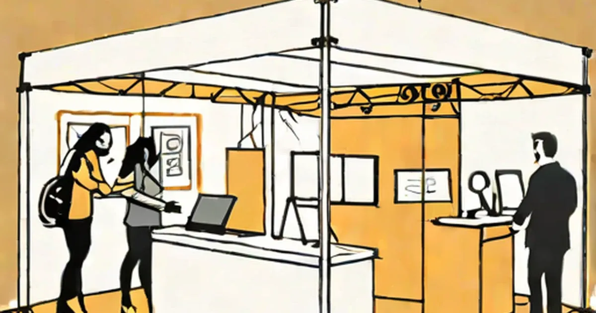 Stylized booth with cream canopy, yellow accents, display panels, and attendees