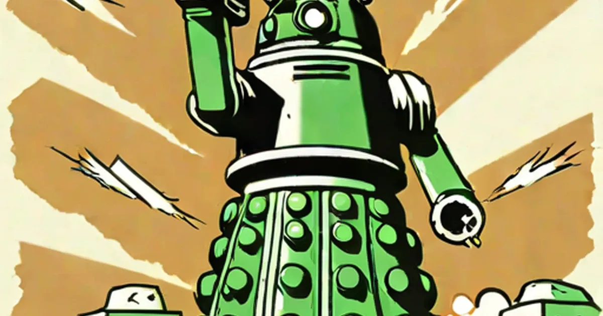 Green Dalek robot with raised weapon arm against radiating gold background