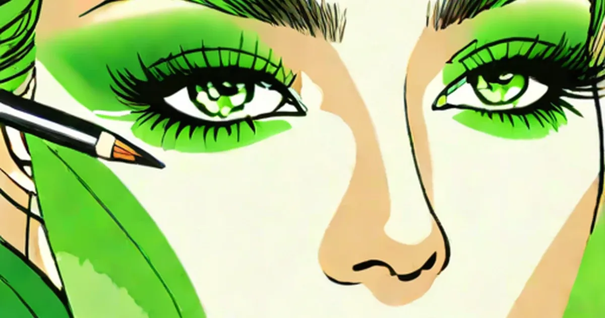 Illustration of a woman applying bright green eyeshadow to her green eyes with a brush