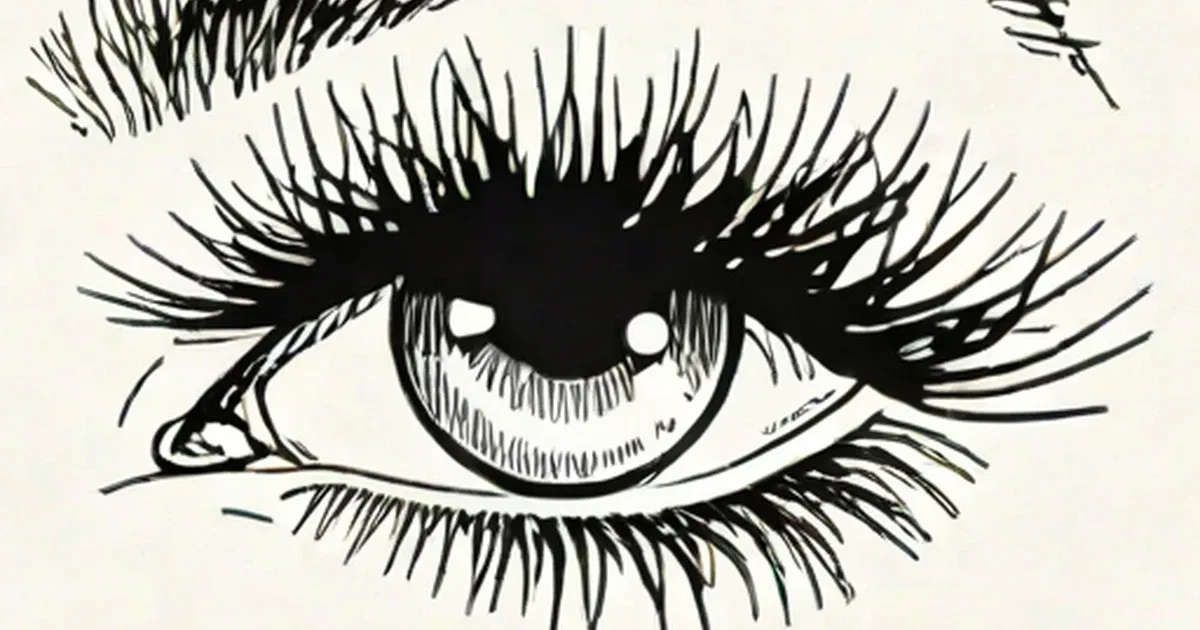 Black and white line drawing of an eye with prominent eyelashes