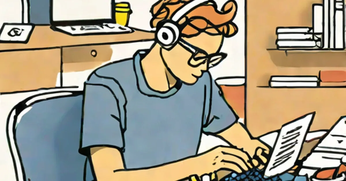 Person wearing headphones at desk working on laptop