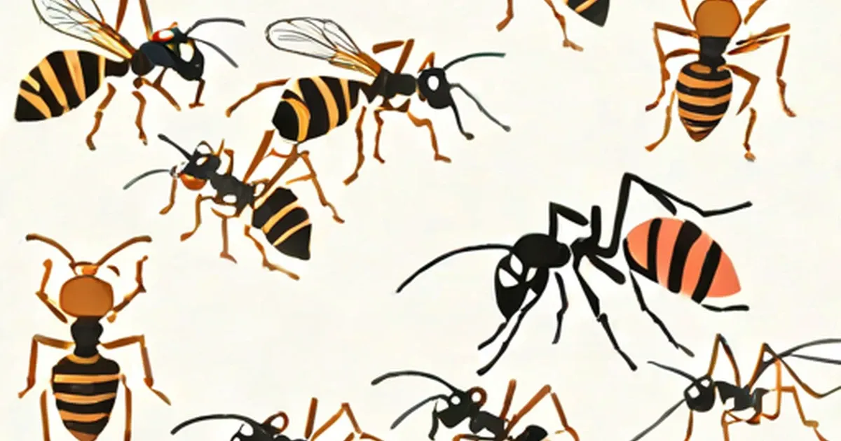 Line drawings of ants and winged insects with black bodies and yellow striped abdomens