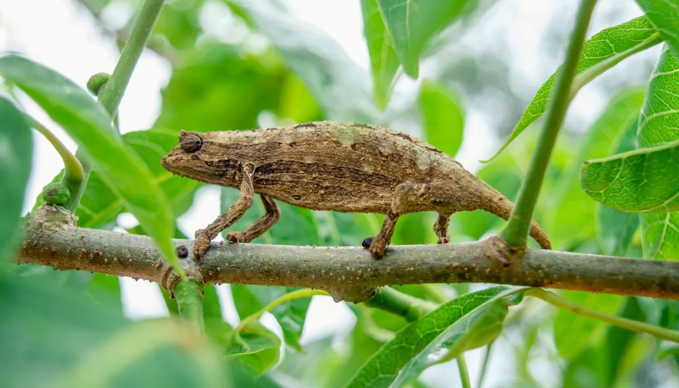 A small brown chameleon on a leafy branch