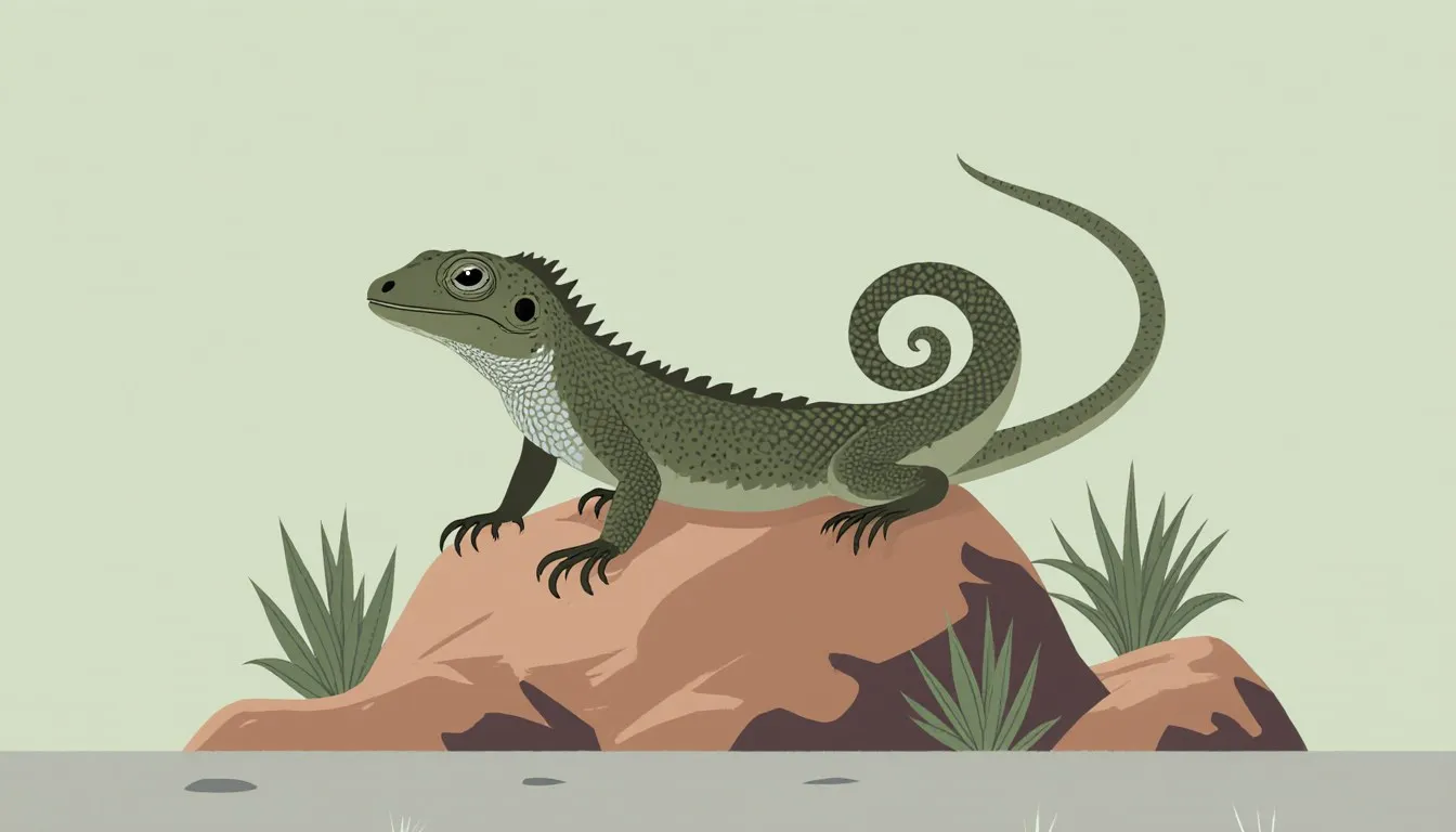 A curly-tailed lizard perched on a rock, its tail coiled distinctively upward over its back.