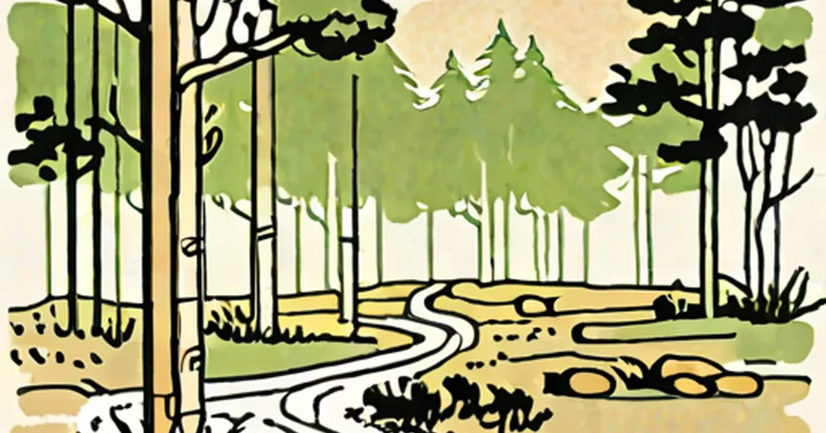 Forest with winding path and fallen logs