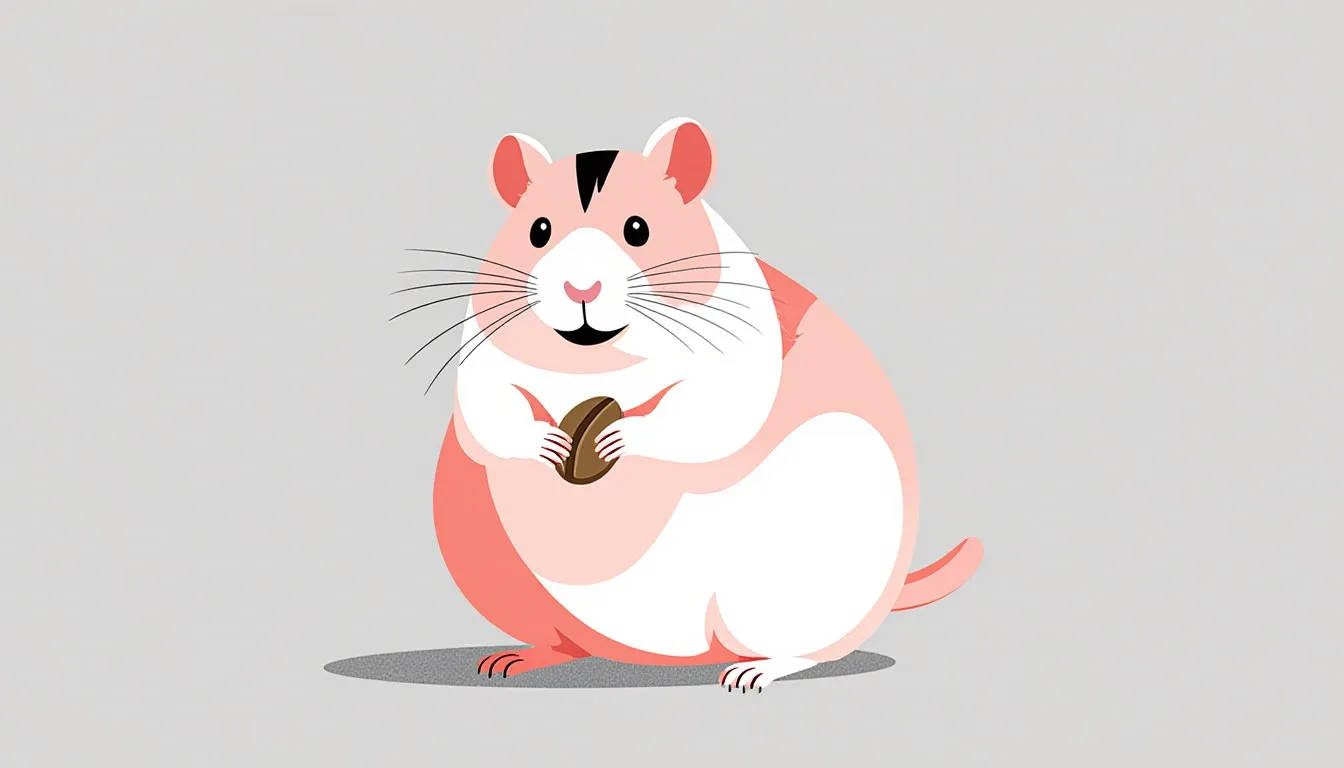 A round dwarf hamster sits upright, holding a seed in its paws, showing its short tail and back stripe