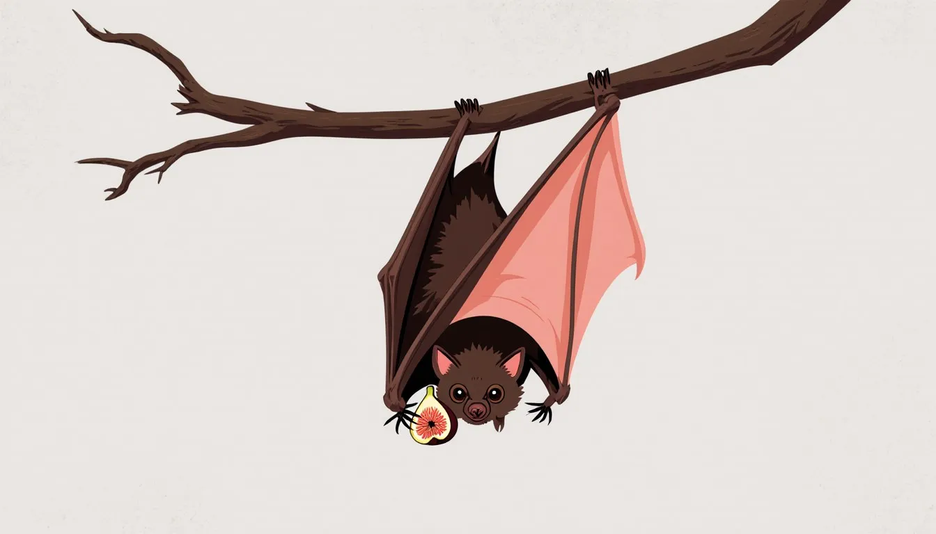 An Egyptian fruit bat hangs upside down from a branch, holding a fig near its fox-like face.