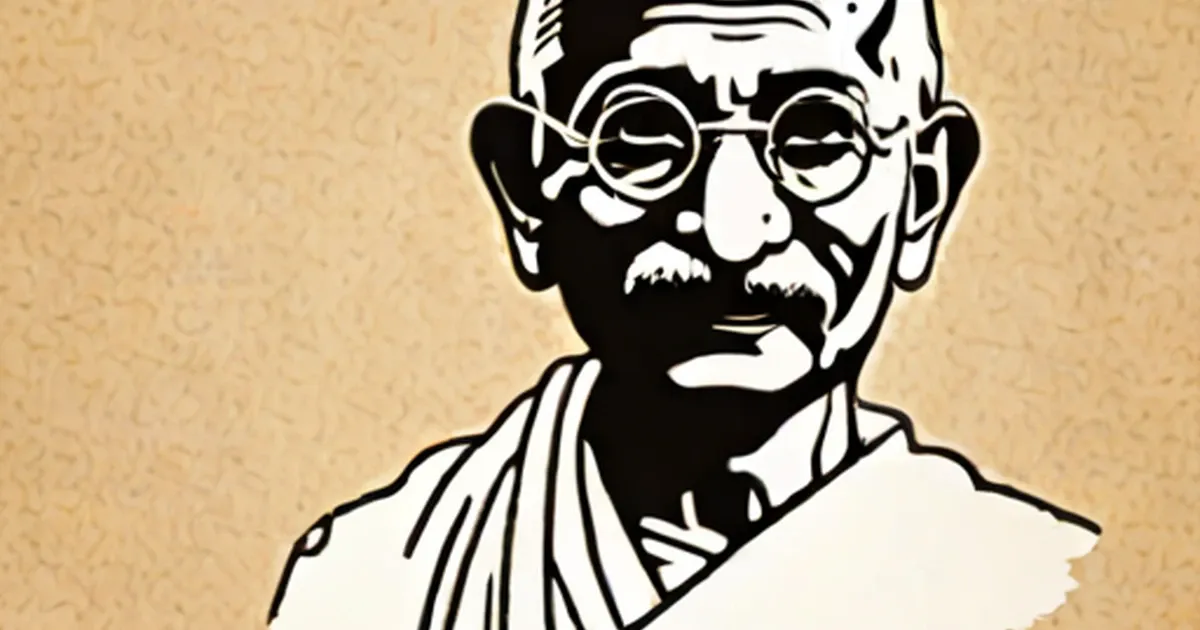 Black and white illustration of Gandhi wearing round glasses and traditional wrapped shawl