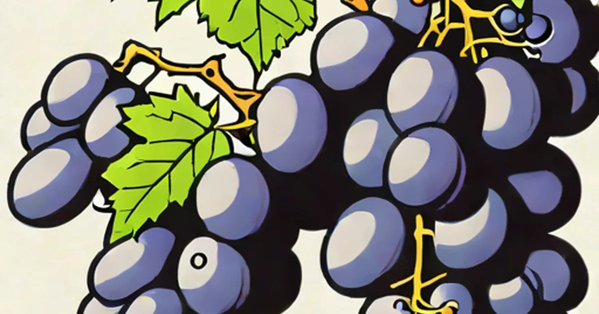 Clustered purple grapes with green leaves and brown vines