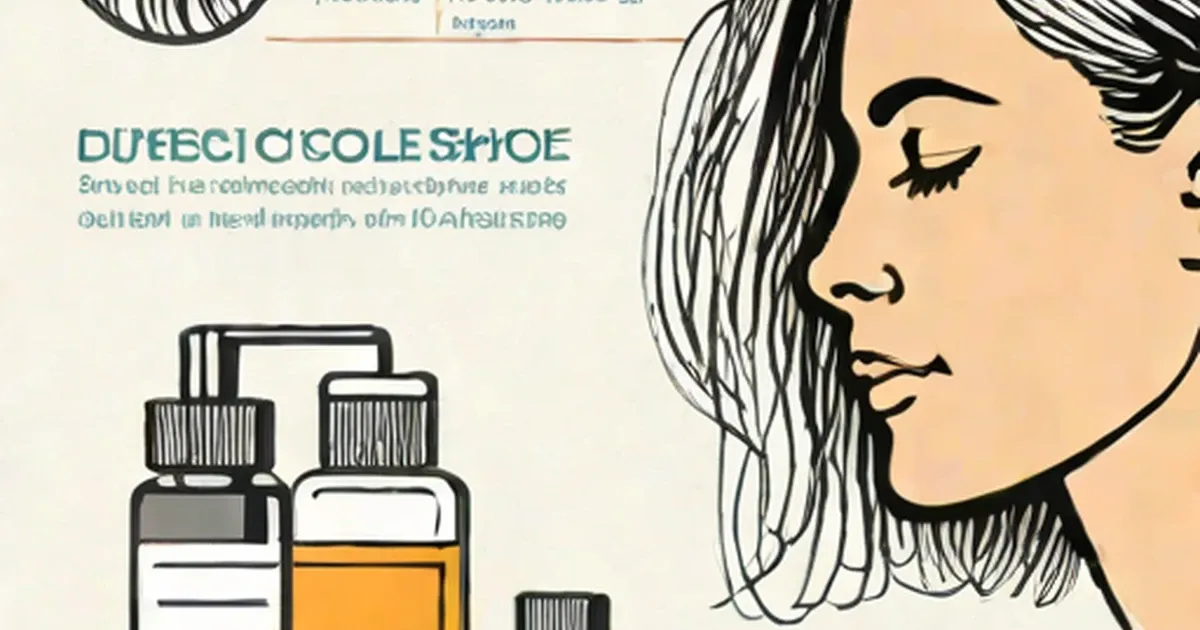 Woman’s face in profile illustrated beside two bottles with brush applicators