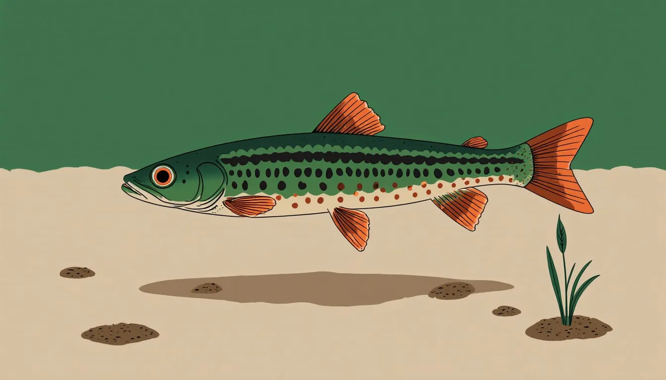 Illustration of a brightly patterned male killifish with flowing fins hovering above muddy pond substrate