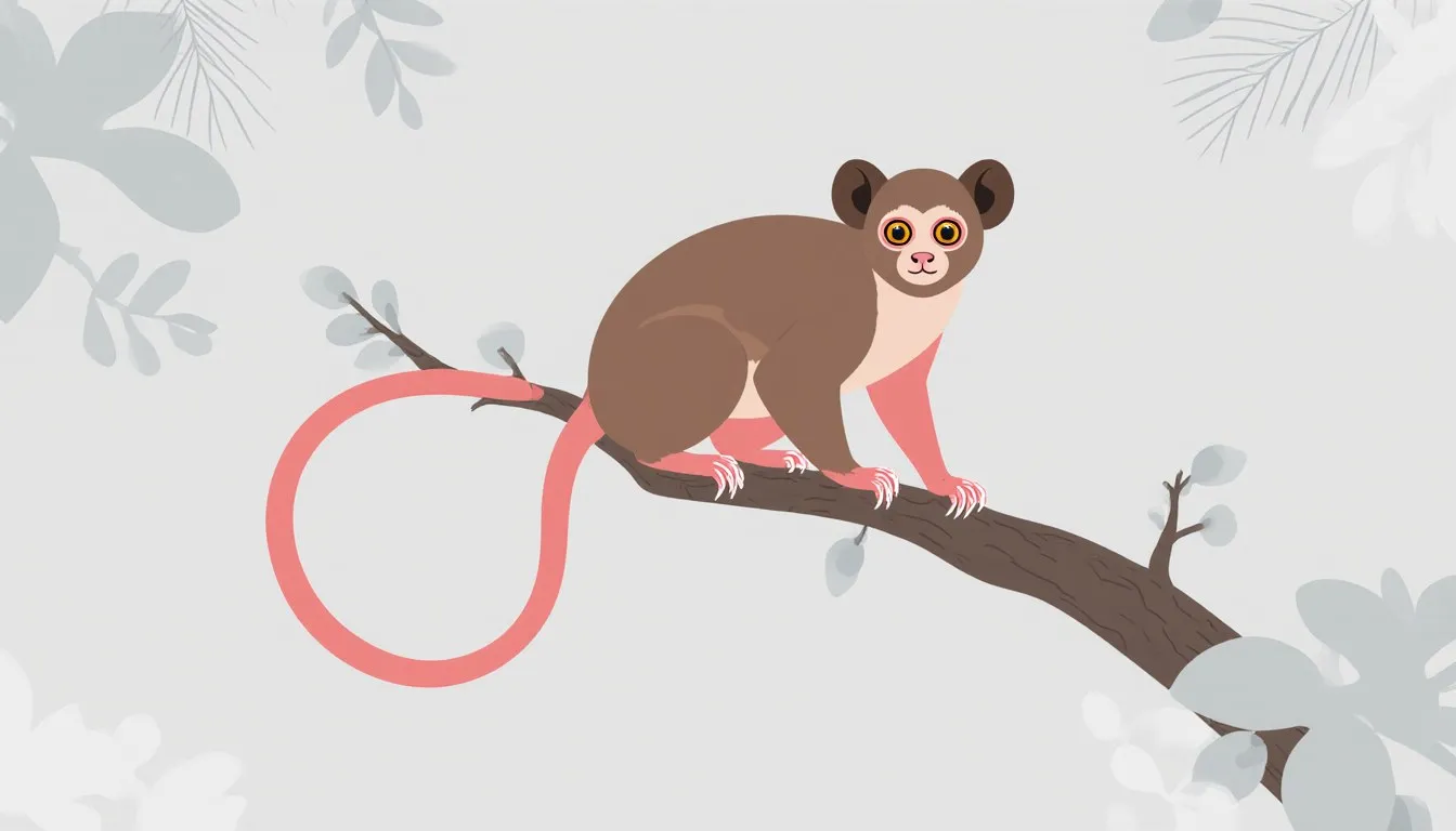 A kinkajou perched on a branch, its prehensile tail curled beneath it