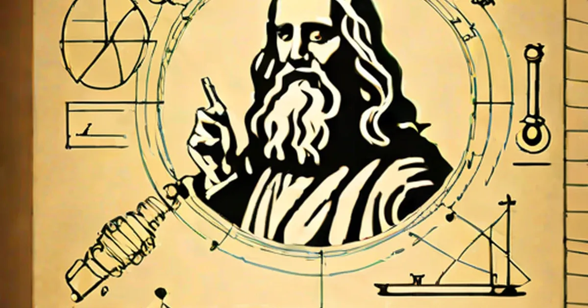 Leonardo da Vinci surrounded by technical and scientific sketches and mechanical designs