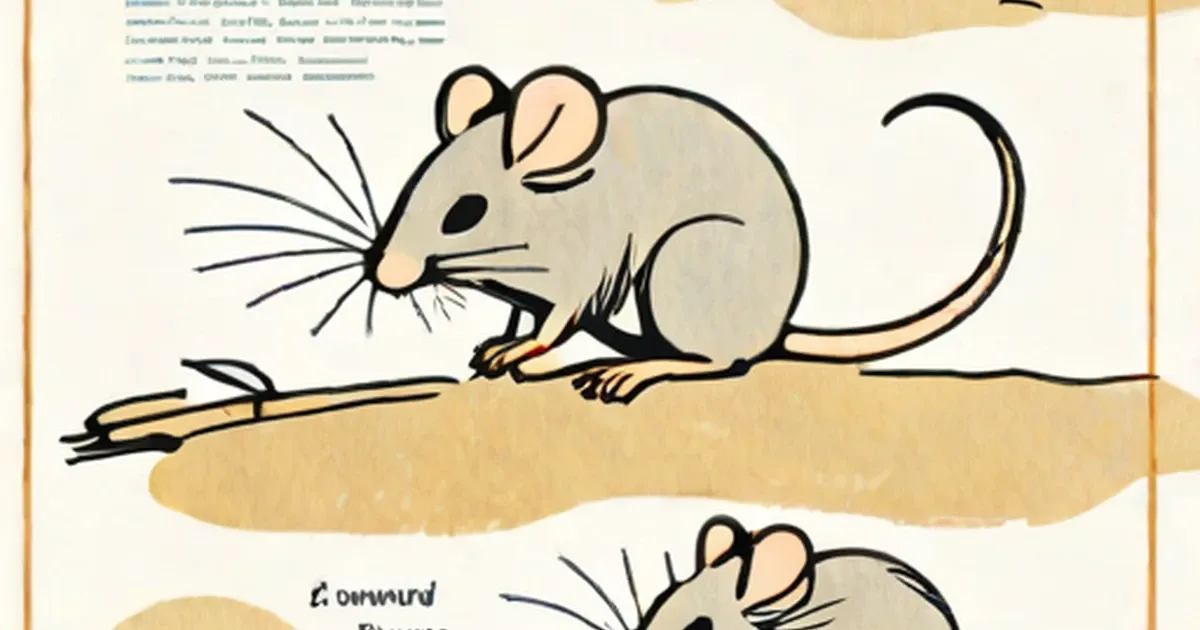 Illustrated tan mouse with long whiskers perched on a branch