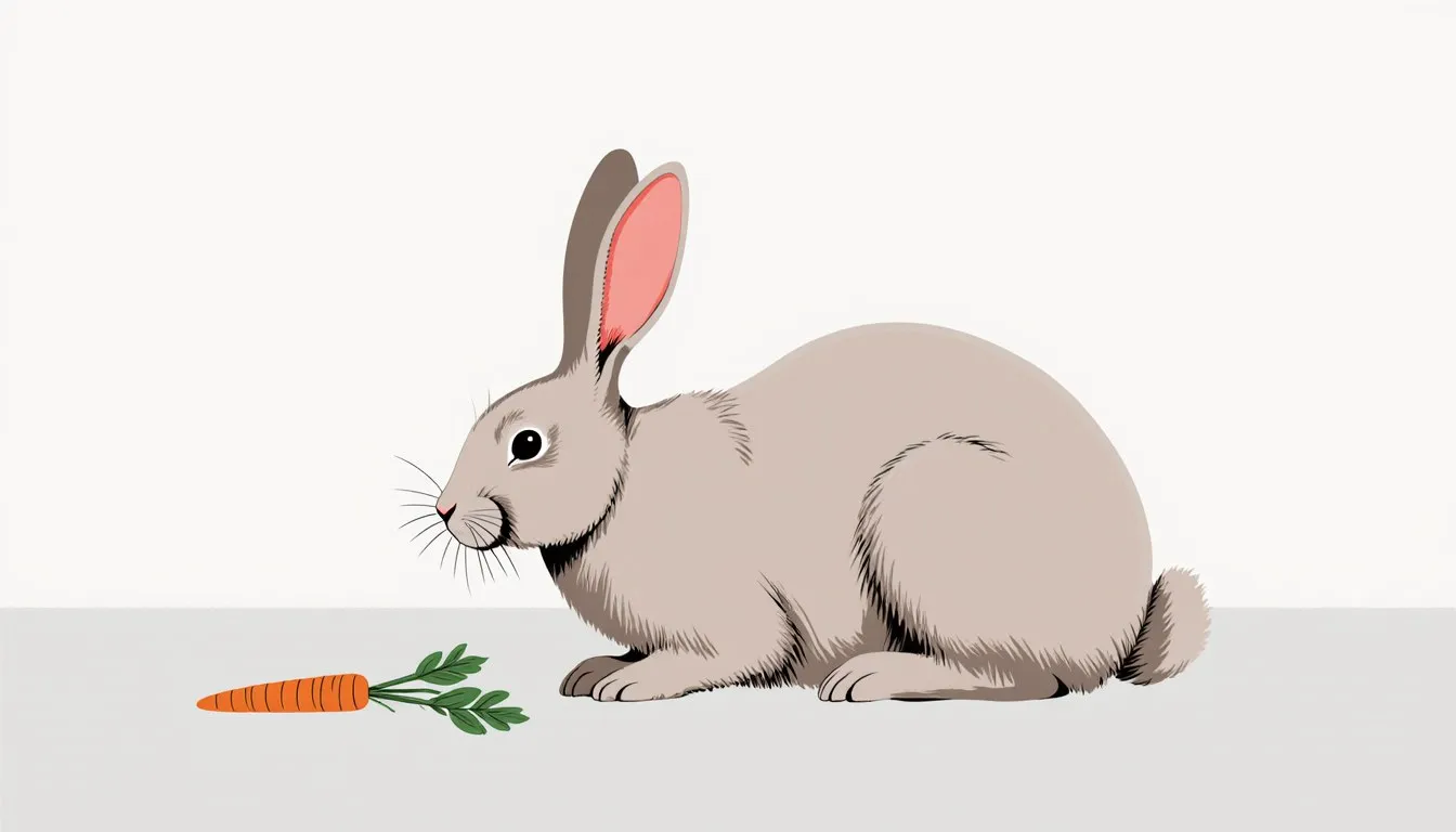 Illustration of an alert rabbit with long ears beside a carrot and leafy greens