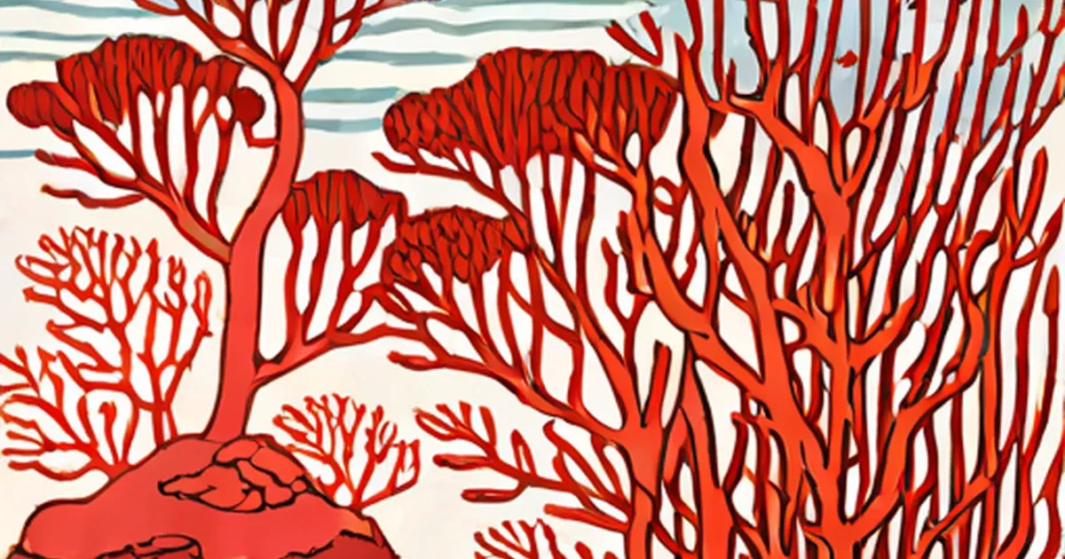 Red marine algae illustrated with intricate branching fronds