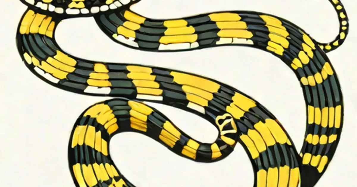 Yellow and black banded snake illustration coiled against light background