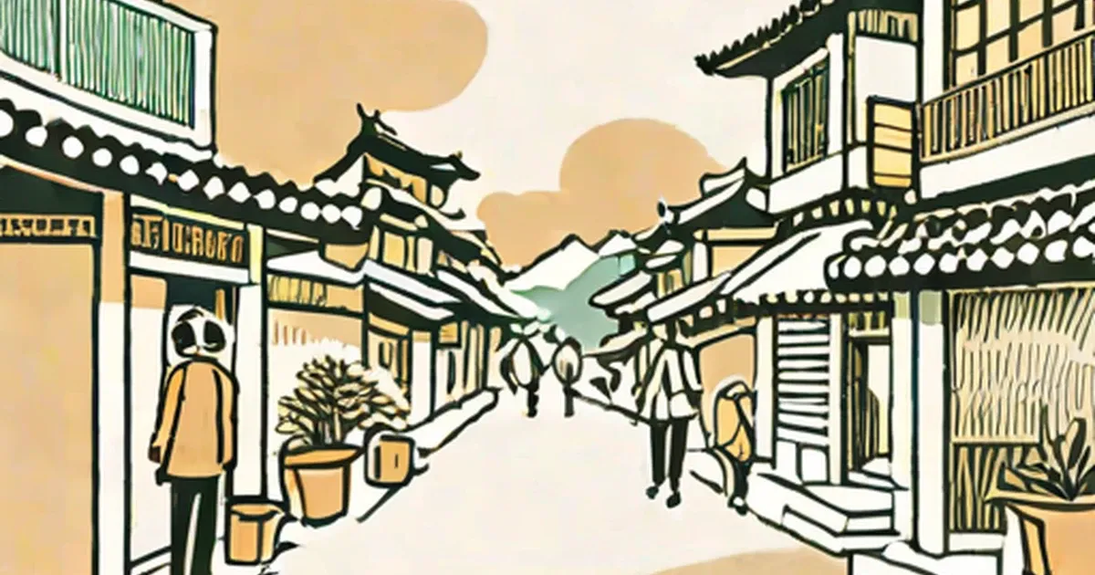 Korean street scene with traditional buildings, shops, plants, and people in hanbok