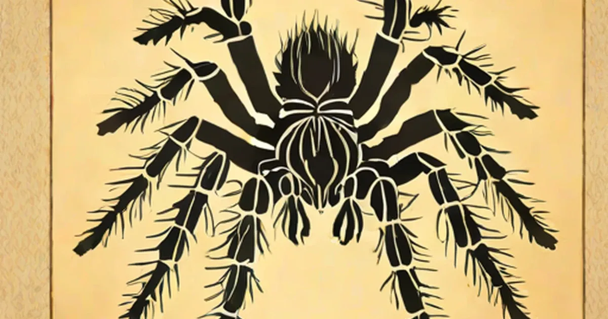 Black and white illustrated tarantula with hairy legs spread against a cream background