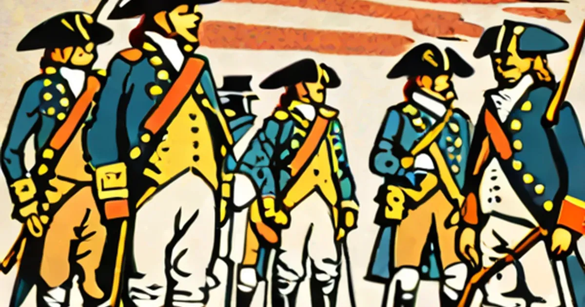 Revolutionary War soldiers in blue uniforms with gold buttons and tricorn hats against striped background