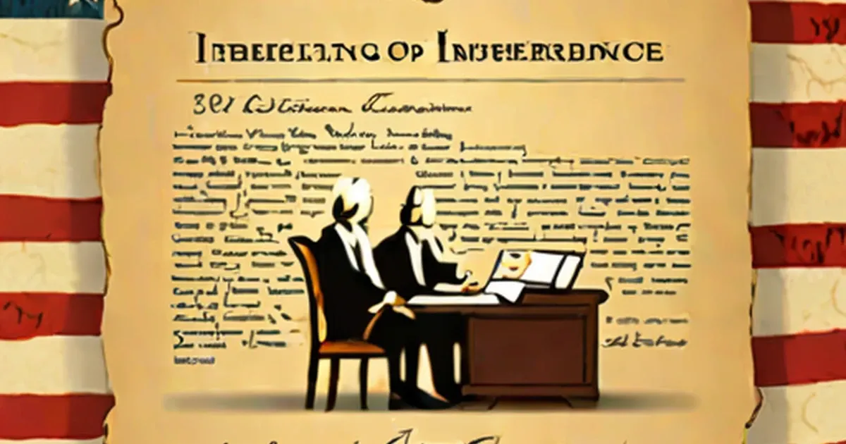 Two colonial-era figures work at a desk surrounded by historical document text and American flags