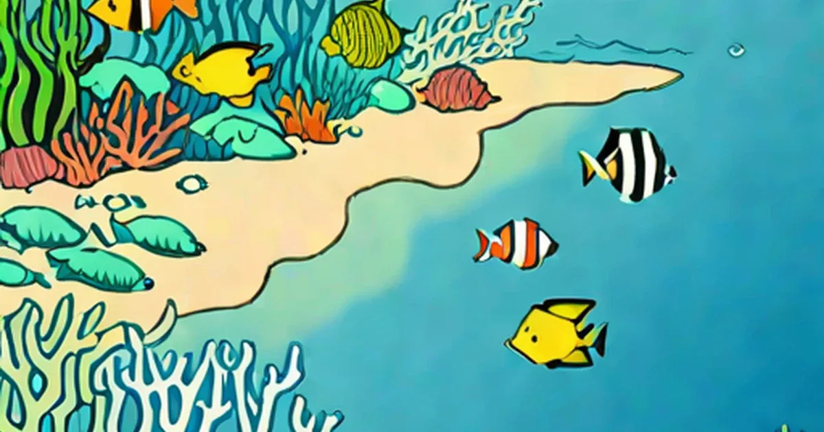Illustrated coral reef with orange and green corals, seaweed, and colorful fish