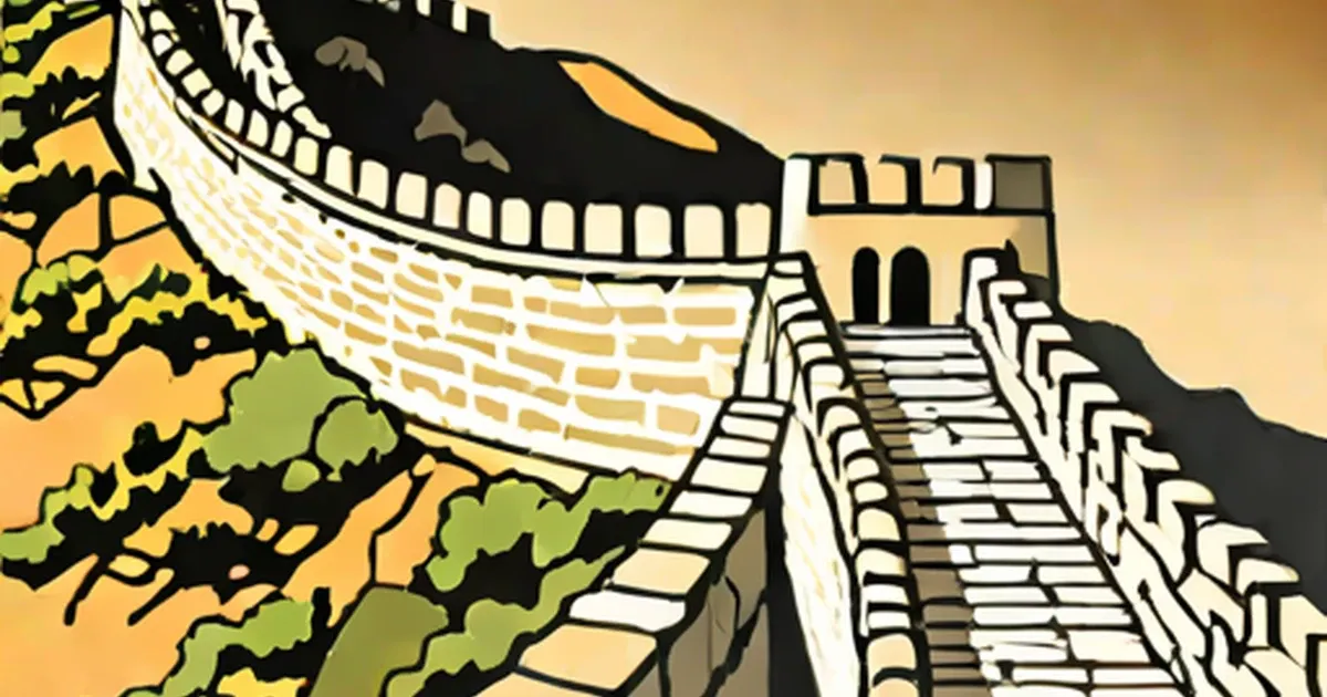 Stone watchtower and steps of the Great Wall of China overlooking forested mountains
