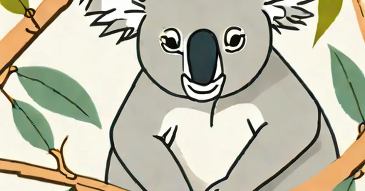 Gray koala with round ears sitting on a eucalyptus branch