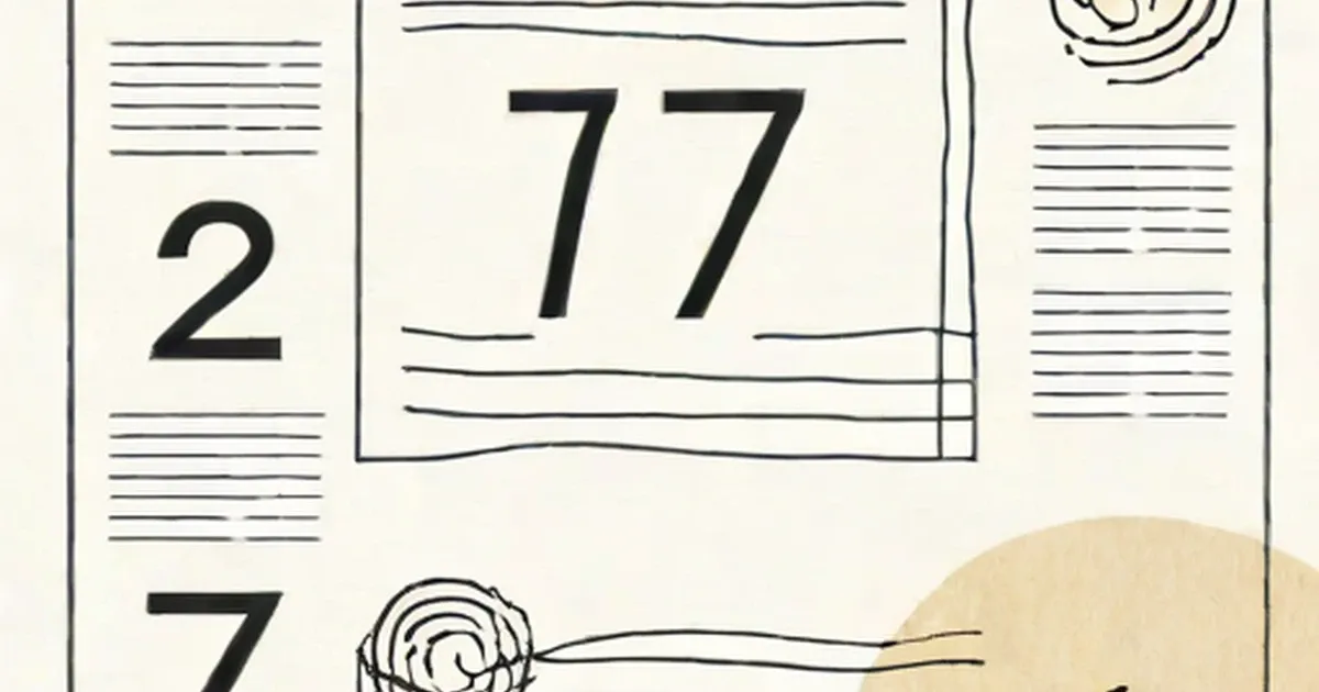 Hand-drawn illustration featuring the number 77 with decorative spiral designs