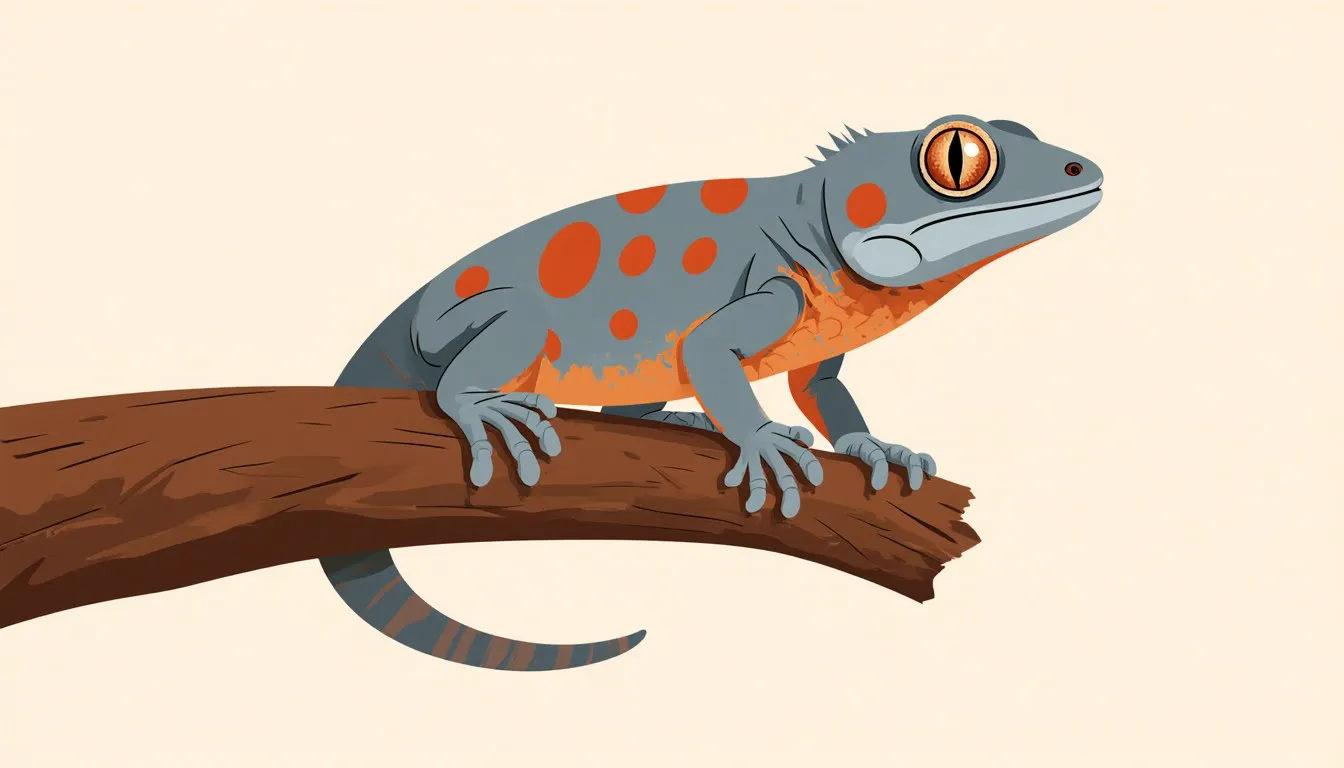 A blue-grey Tokay gecko with orange spots gripping a branch with its wide toe pads