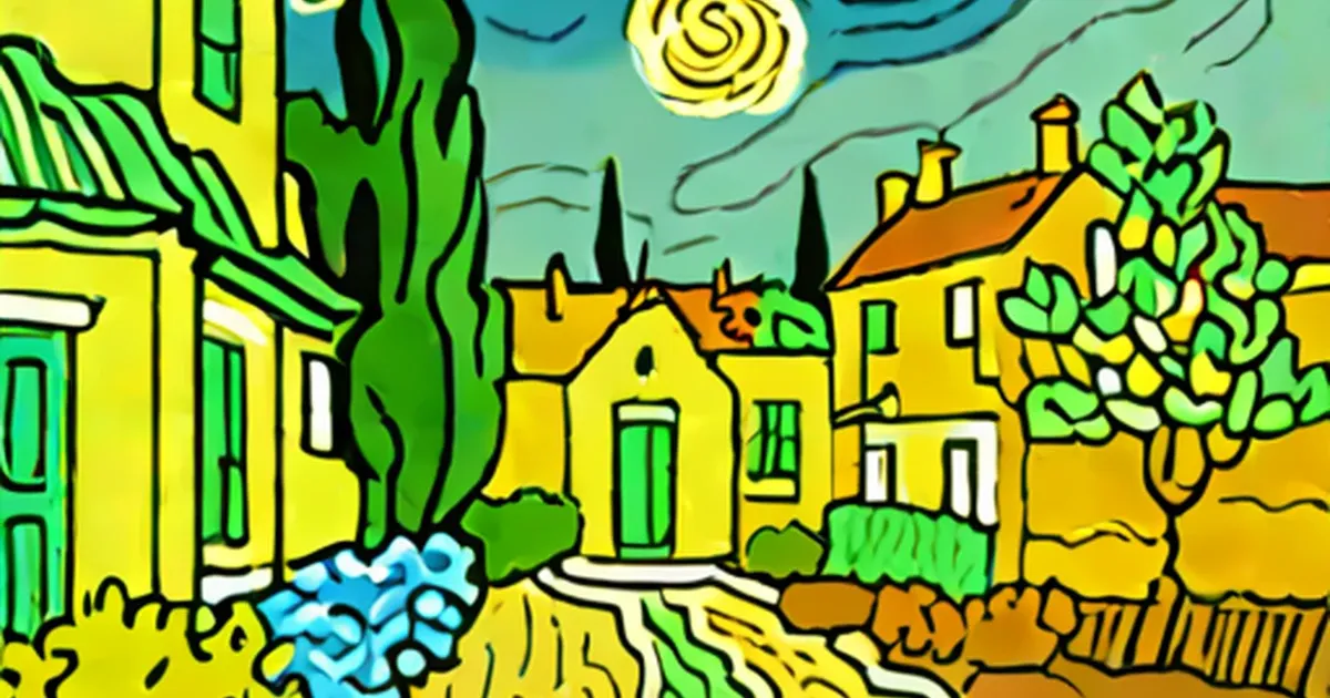 Van Gogh-style landscape with yellow houses, cypress trees, and swirling sky