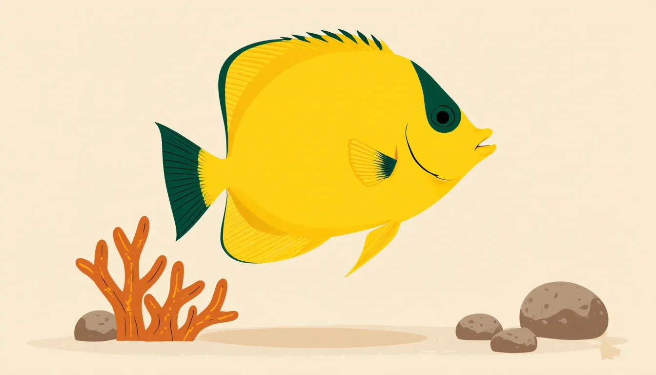 A yellow tang fish gliding past coral, its flat oval body and tall dorsal fin clearly visible